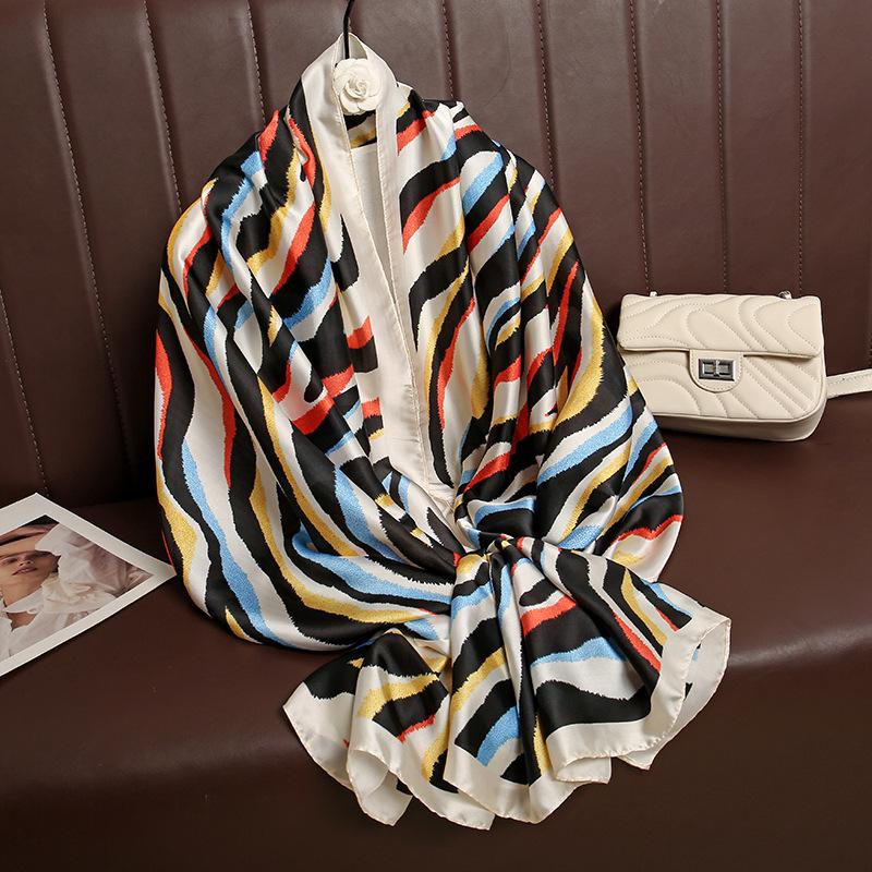 Spring and Summer Colourful Stripes Liqin Satin With Printed Medium Long Silk Scarf Ladies Shawl