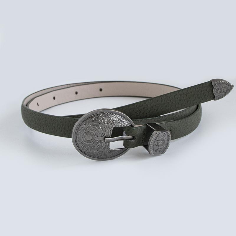 New Ladies' Retro Carved Ancient Silver Buckle Western Style Genuine Leather Thin Belt Pig Skin Peeled Versatile Fashion Belt