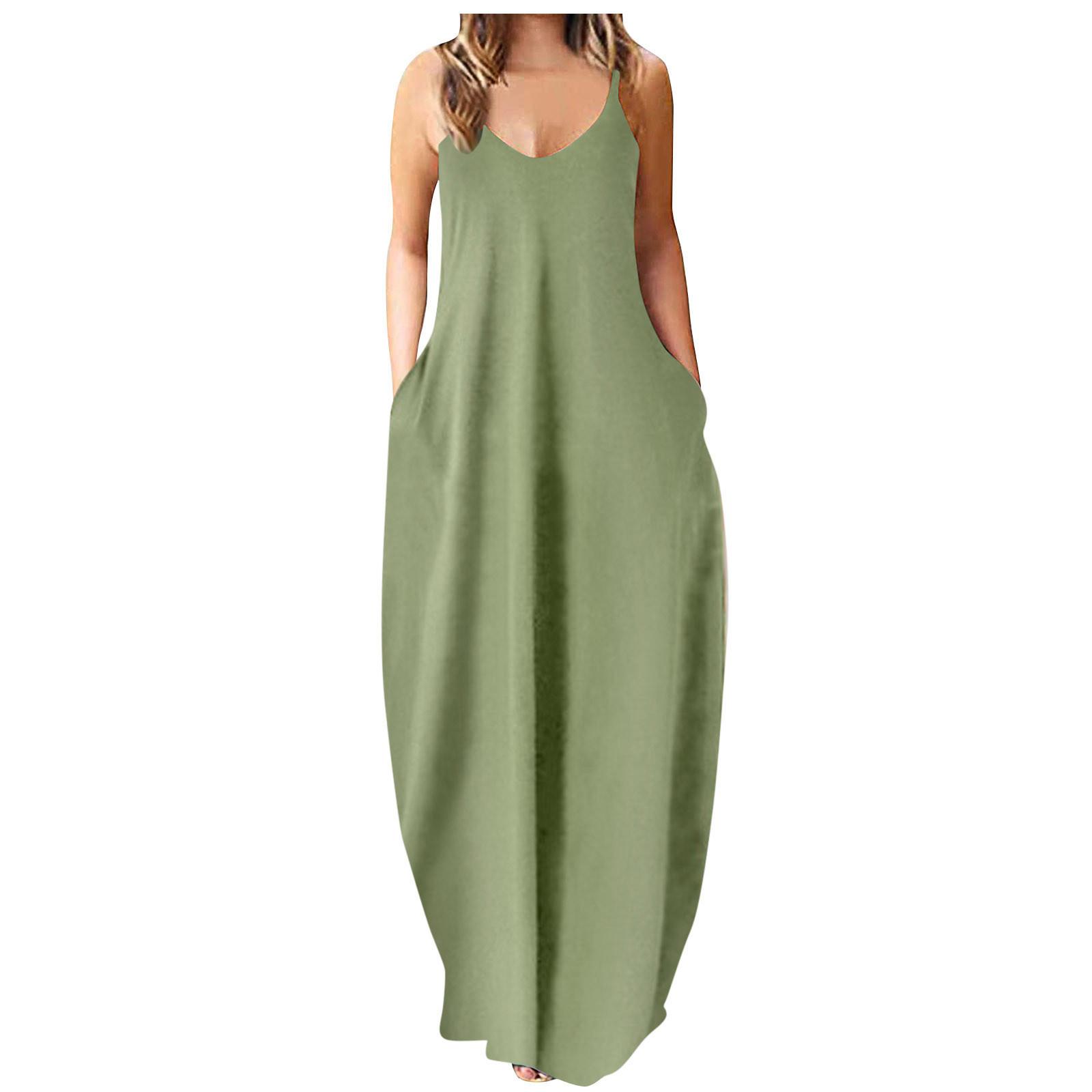 

Женские свободные простые макси-платья без рукавов, повседневное длинное платье на бретельках с карманами XXXXL зелёный