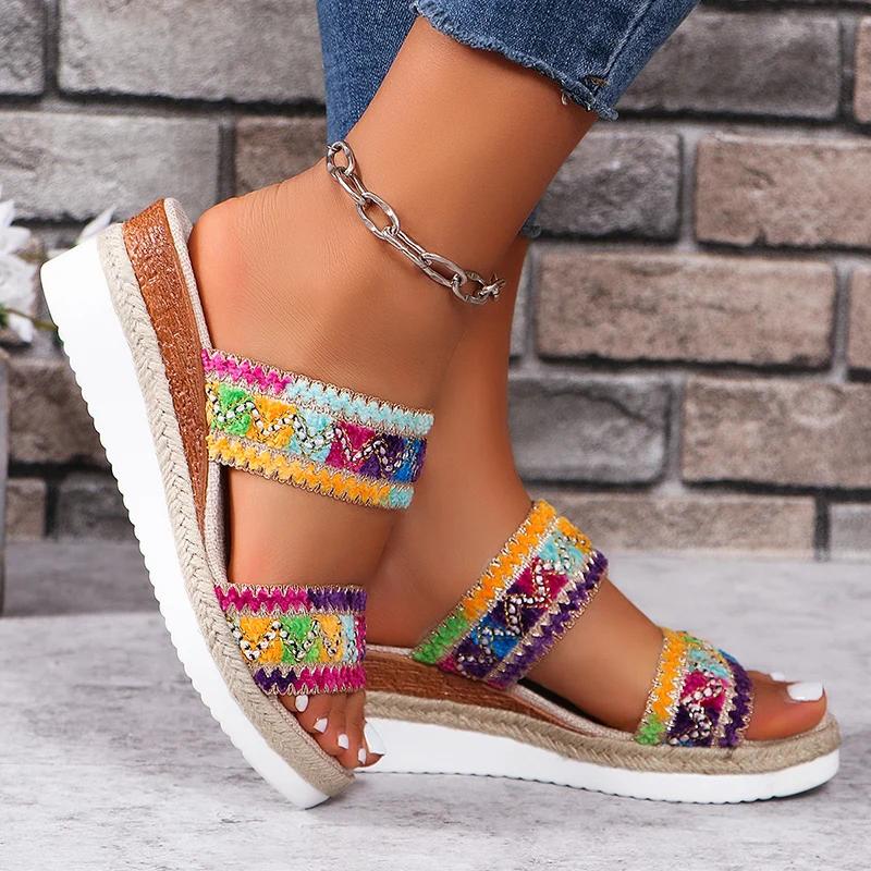 Fashion Colorful Striped Wedge Sandals Women Summer Lightweight Non Slip Beach Slippers Woman Plus Size Fashion Slip On Platform Sandals