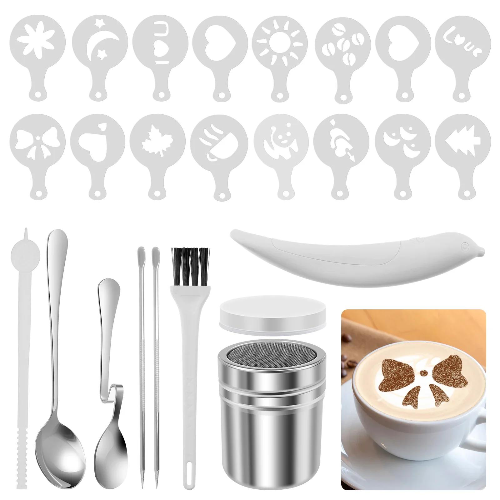 

24 Pcs Coffee Latte Art Set Creative Latte Art Kit Practical Coffee Decorating Stencil with Powder Shaker Pen Spoon Stick