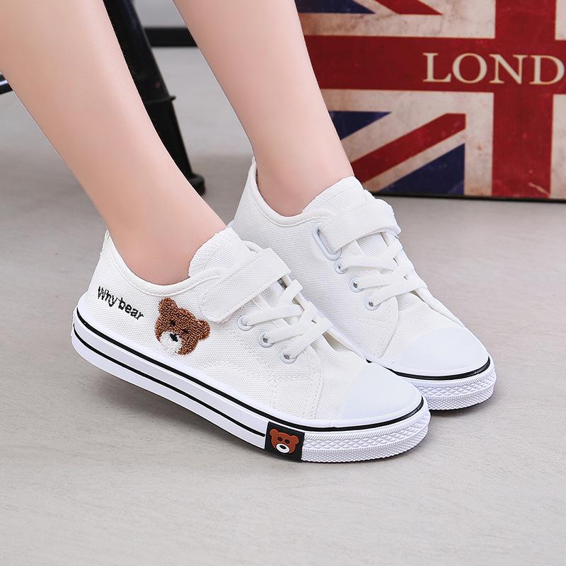 Children's Shoes2026Children's bear canvas shoes, fashionable student white shoes, boys' and girls' Velcro sneakers