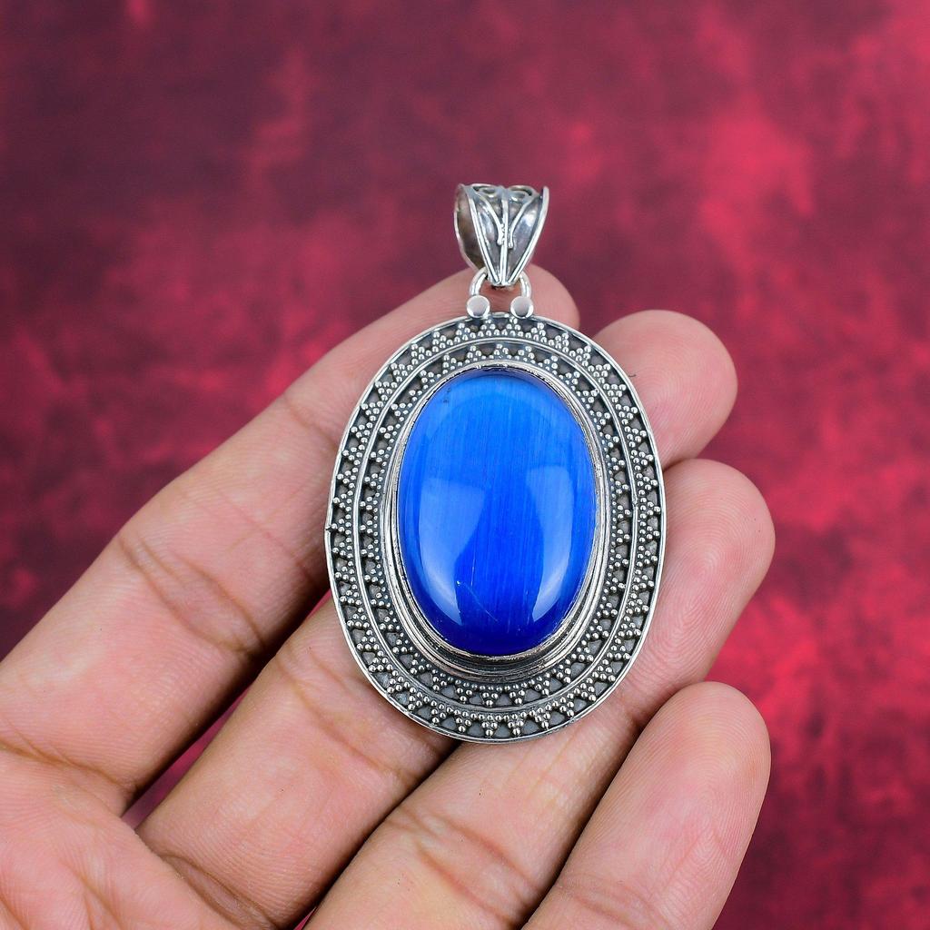 Blue Cat's Eye Handmade Jewelry, 925 Solid Sterling Silver Pendant Jewelry Decent Design Jewelry Gift For Her