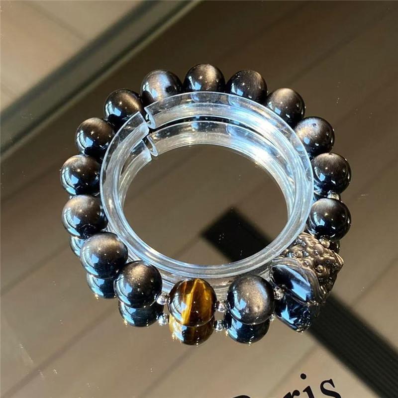 Natürlicher Obsidian Silber Yaoshi Löwentanz Überragend Herrenmode Vielseitiges Armband Gelbes Tigerauge Obsidian Löwentanz Armband