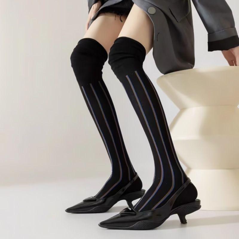 Vertikale Streifen Überknie-Strümpfe Lockere Manschette Hohe Oberschenkelhohe Socken Herbst Winter Reine Baumwolle Thermische Kniehohe Strümpfe One Size black