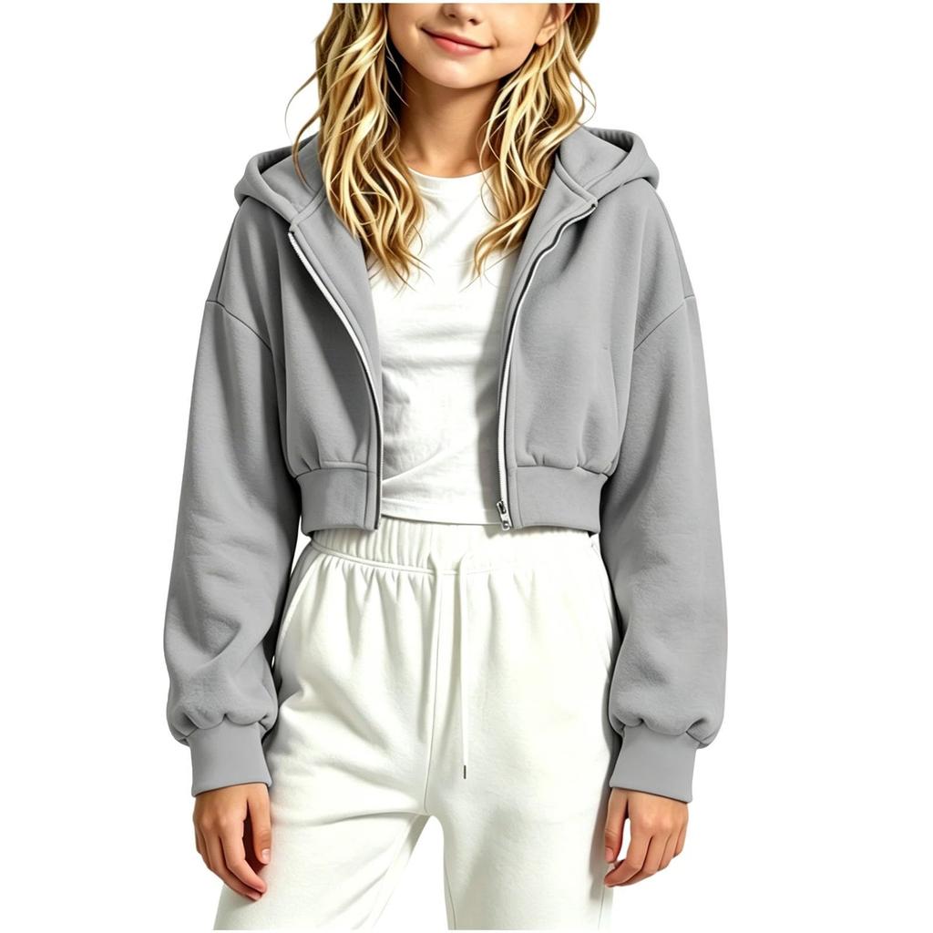 Girls' Long Sleeve Zip-Up Hoodie Color Casual Sweatshirt Top