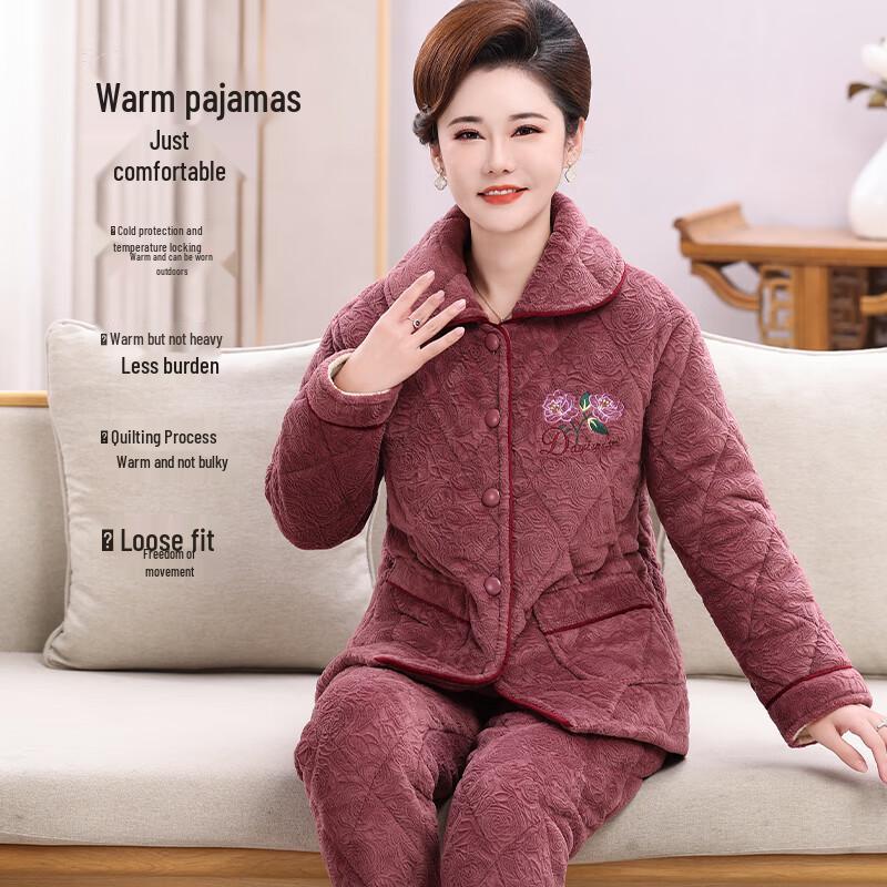 Langsang Women's Elderly Winter Quilted Thermal Pajama Set