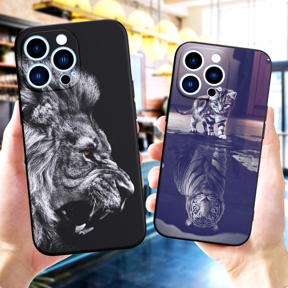 Black Tpu Case for Iphone 5 5s Se 2020 6 6s 7 8 Plus X 10 XR XS 11 12 13 Mini Pro MAX Back Cover Wolf Dog Cat Lion Tiger Animal