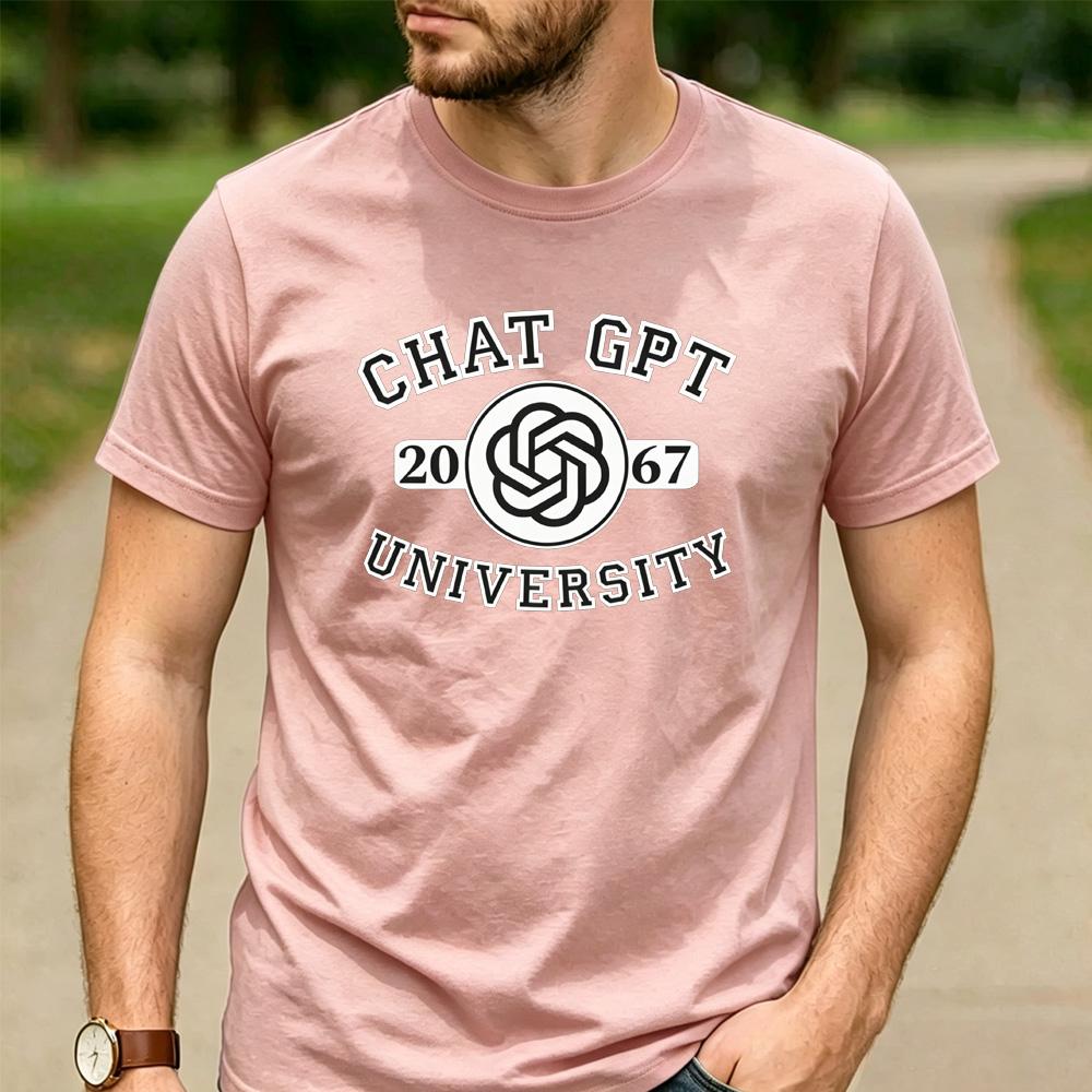 Chat GPT University Twist Knot Est 2067 Graphic T Shirt Unisex Crew Neck Short Sleeve Tech Geek Holiday Gift Tee