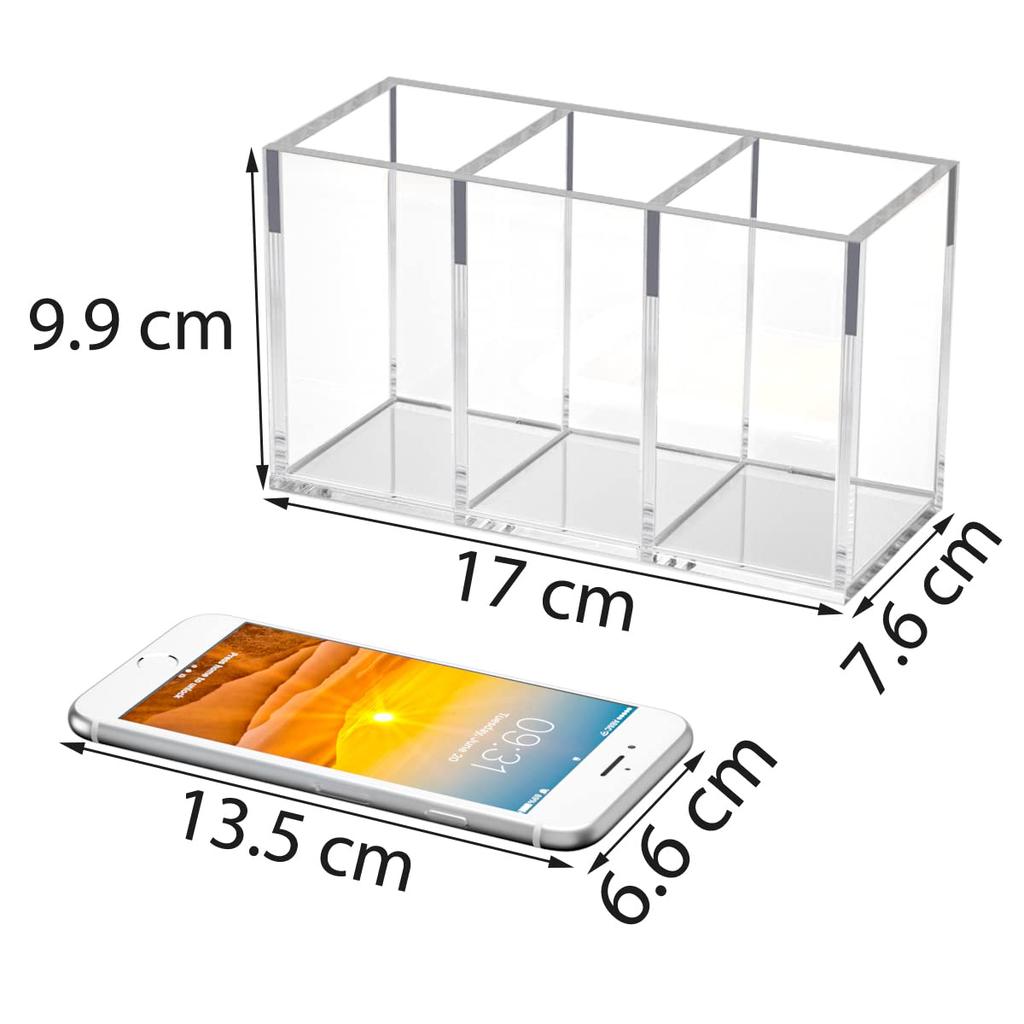 NIUBEE Pen Holder, 3 Compartments, Clear Acrylic, Pen Stand, Cosmetic Storage Box, Desktop Storage for Stationery, Makeup Brushes, and Other Small