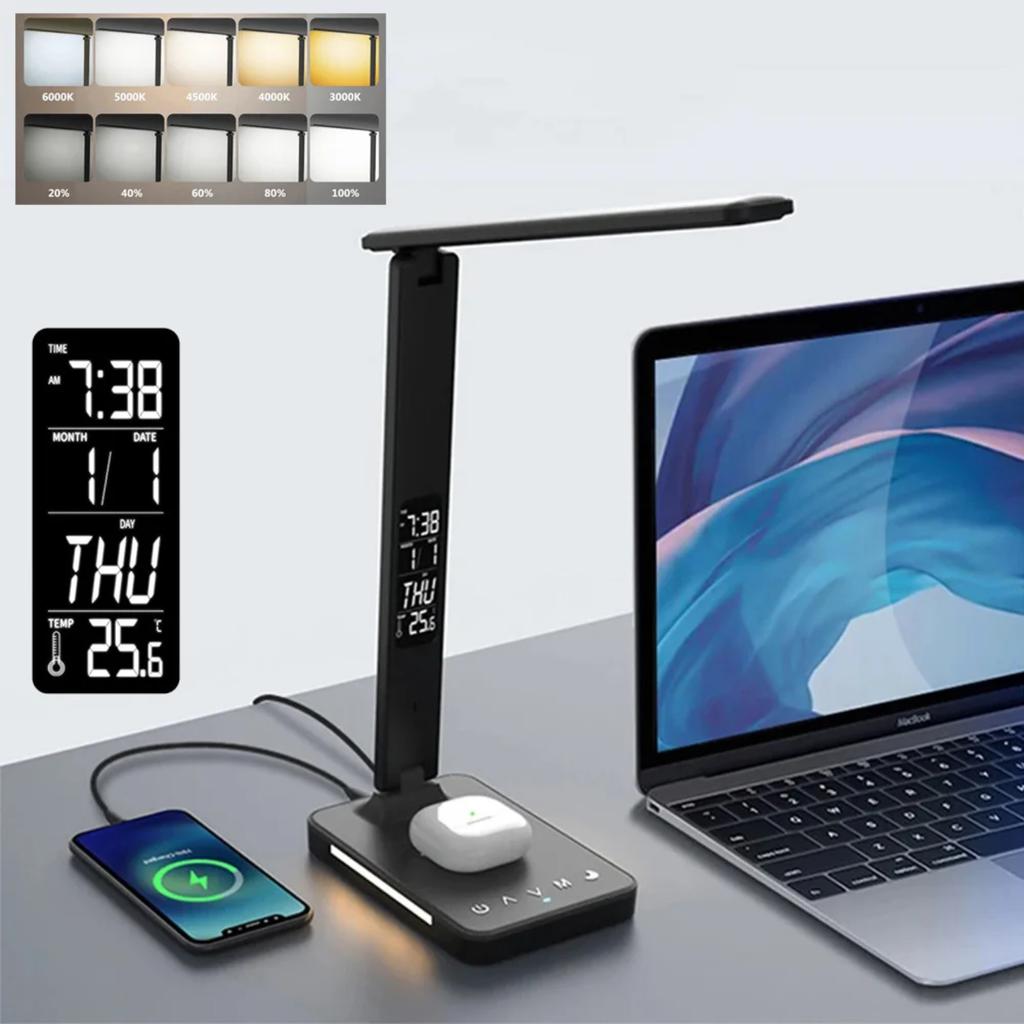 New USB/Wireless Charger LED Desk Lamp Alarm Clock Temperature Dimmable Touch Table Lamp Eye-Protection Reading Night Light