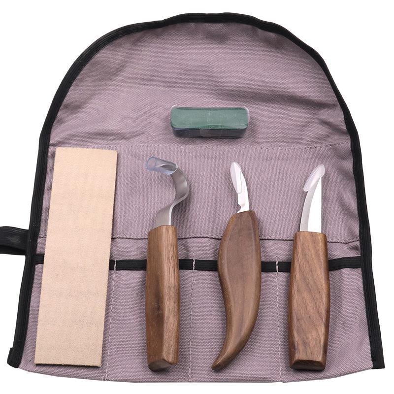 Wood Carving Tool Set: Walnut Handle, Curved & Straight Knives, Ideal for Woodworking & Hand Carving.