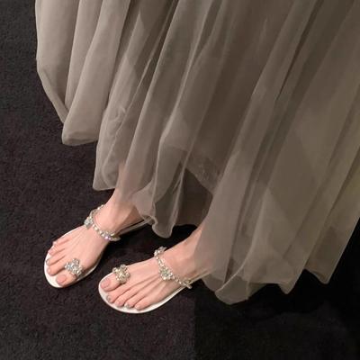 Feeënwind! Strass coole slippers, damesschoenen nieuwe hellende hakken, teen veelzijdige platte zool een-woord slippers