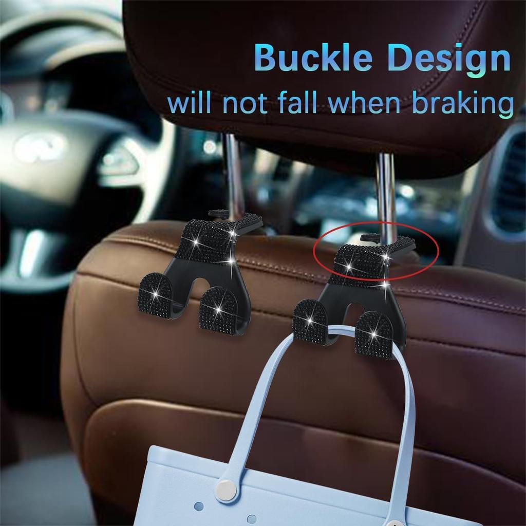 HZEL Bling Car Headrest Hooks, 2PCS Crystal Rhinestone 2 In 1 Vehicle Back Seat Purse Bag Hook for Woman Girl, Auto Interior Hanger Storage