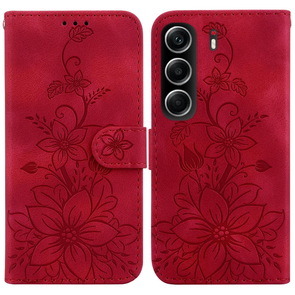 For TECNO Camon 40 4G Stand Case Lily Flower Imprint Leather Phone Cover with Wrist Strap
