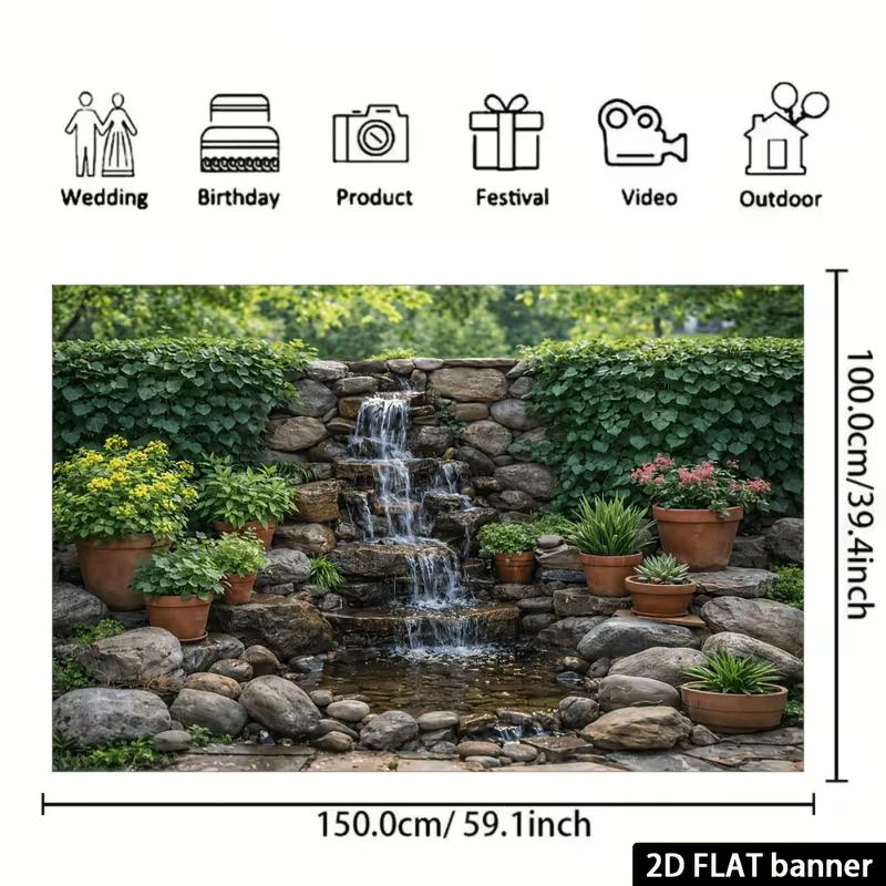 2D Natural Garden Waterfall Backdrop with Potted Plants for Outdoor Decor