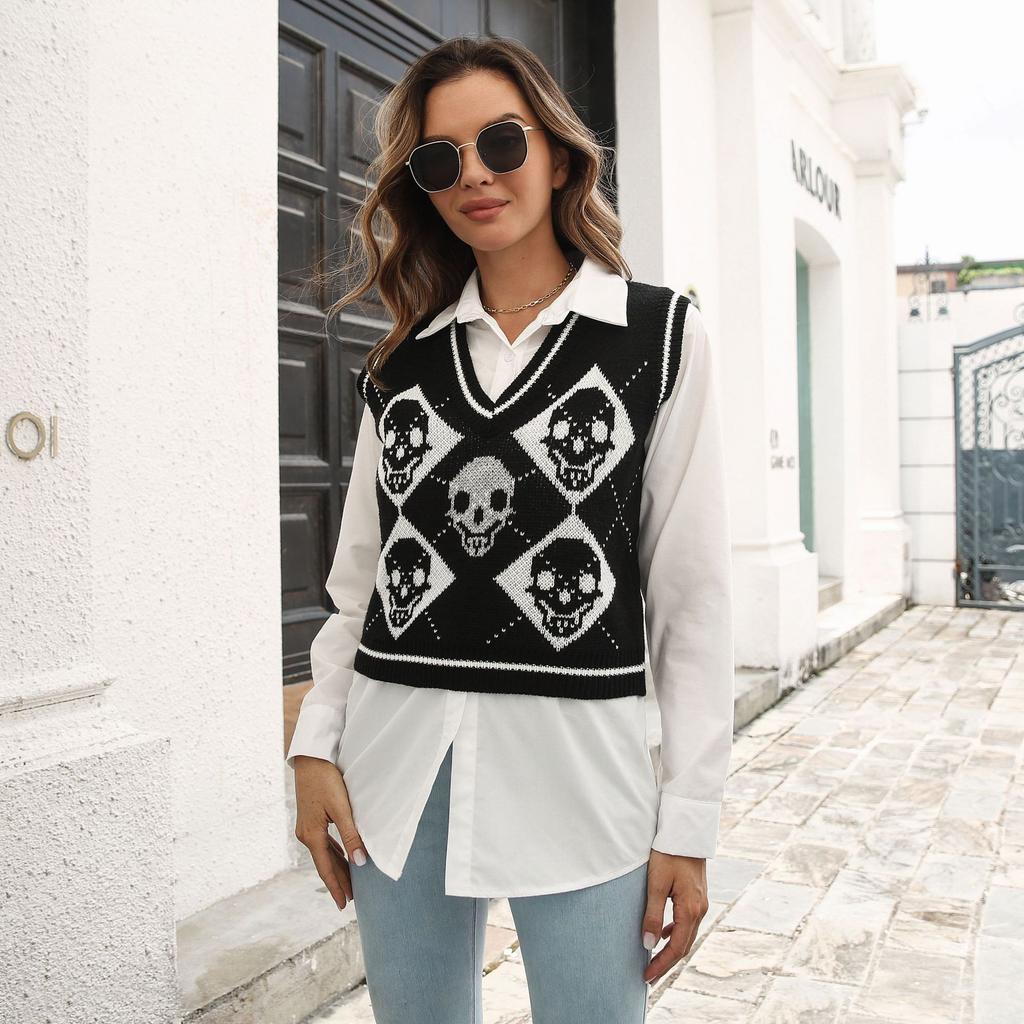 GMXIA Women's Fashion Casual Halloween Printing Autumn Winter Sleeveless V-Neck Knitted Vests