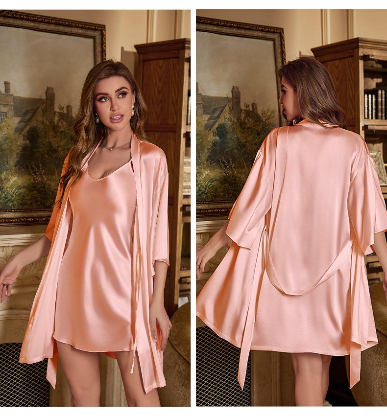 

Women s Satin Summer Pajama Set – Thin Robe & Camisole Two-Piece Medium розовый