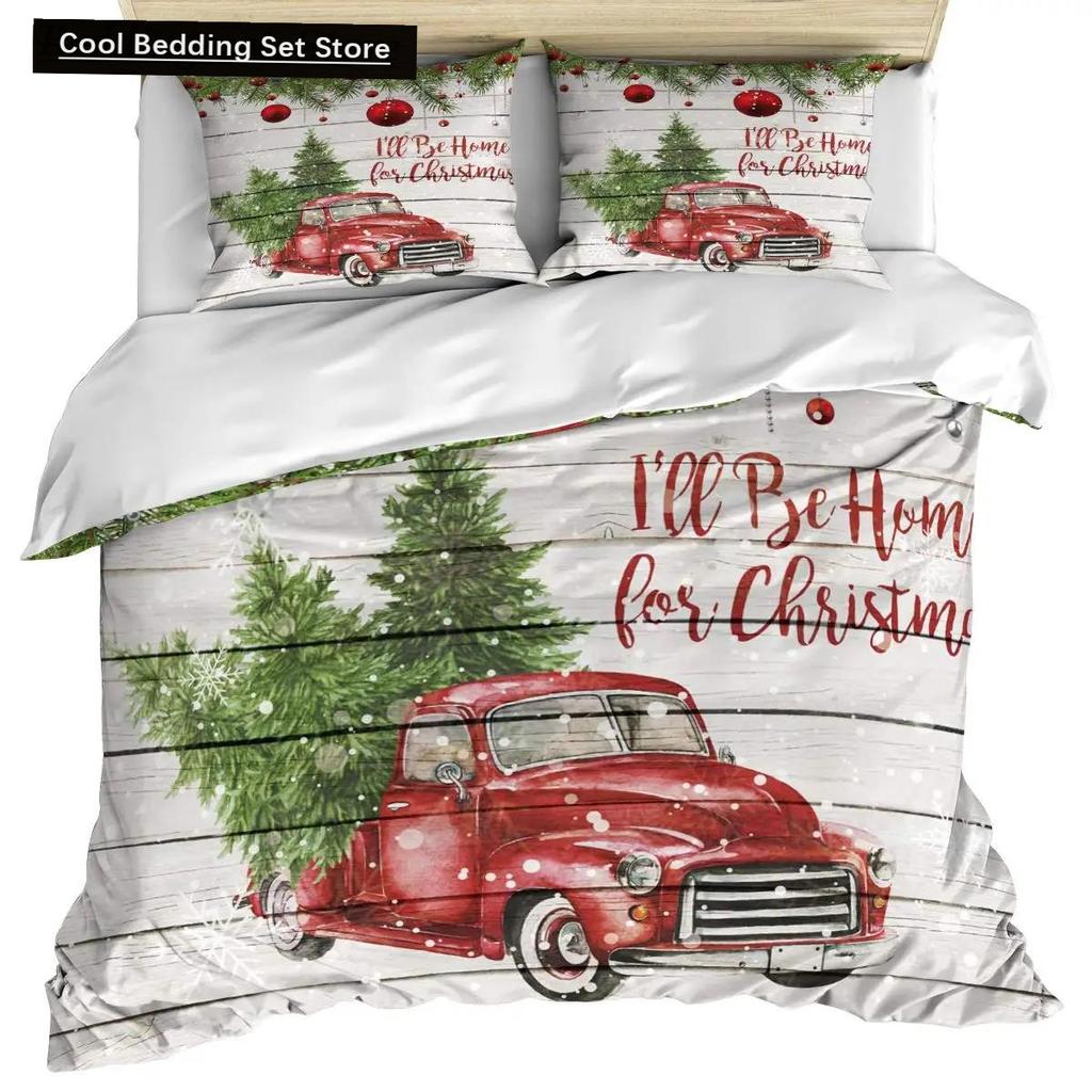 Christmas Duvet Cover Set, Snowman with Santa Hat In The Garden with A Gift Box and Candle Cartoon Image Polyester Bedding Set