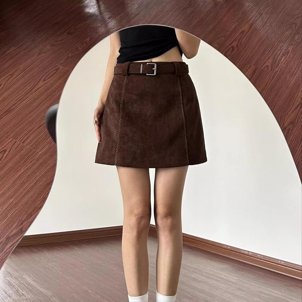 Petite Brown Suede A-Line Half-Skirt for Women - Coffee Color, Hip-Hugging, Spring/Autumn