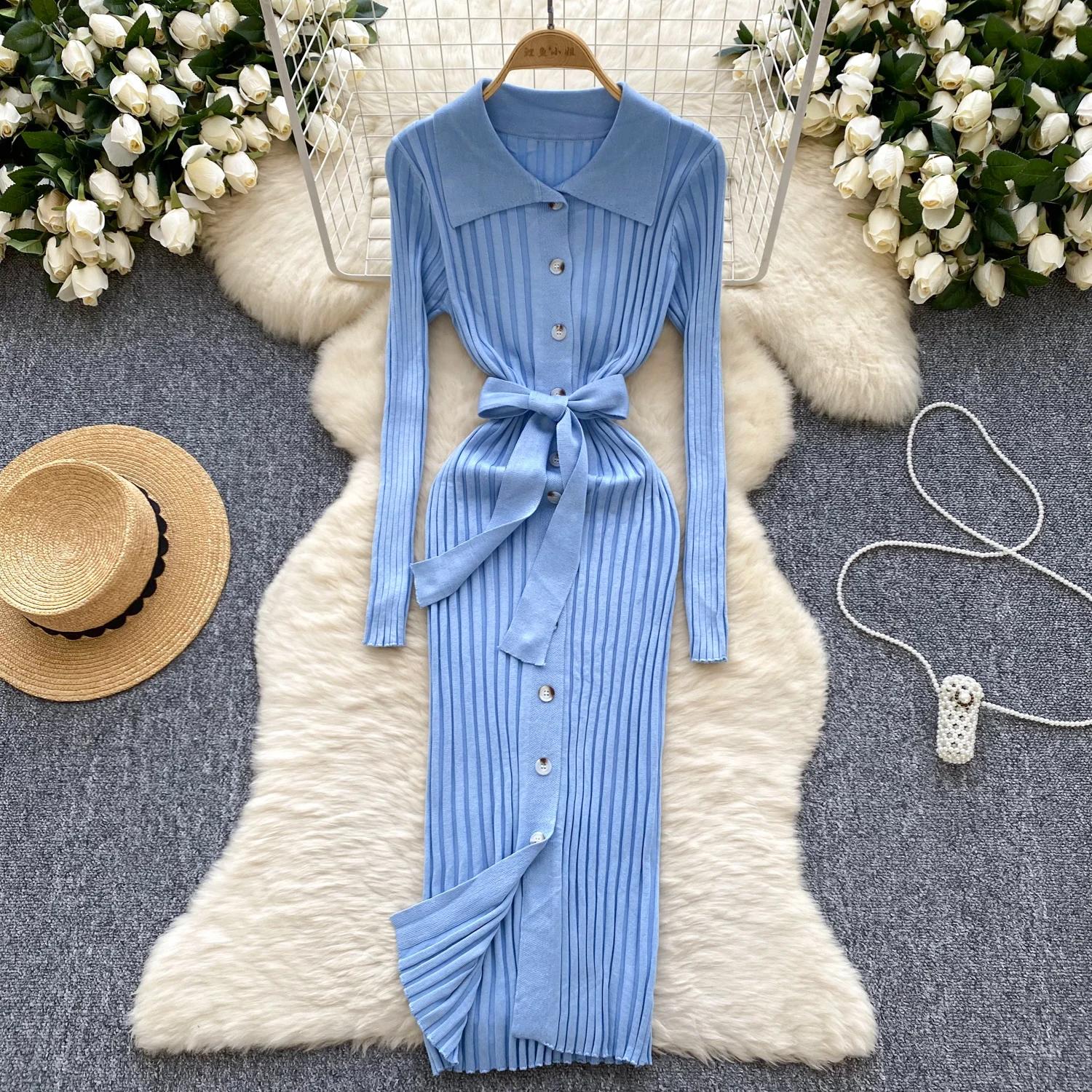 Винтажное отложной воротник элегантное длинное рукав однобортное бандажное трикотажное — фото 5