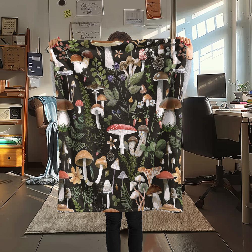 1Pc Dreamy Exotic Mushroom Print Flannel Blanket, High quality Comfortable for All Seasons, Home Decor, Warmth and Comfort, Perfect for Gifts