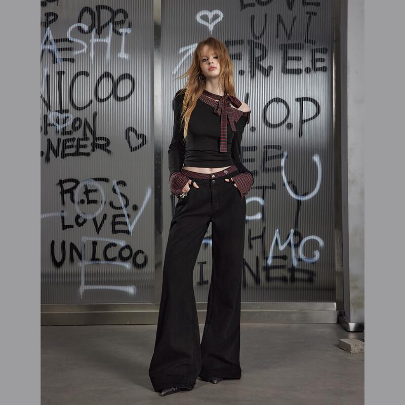 unifree Plaid Patchwork Loose Straight Casual Pants