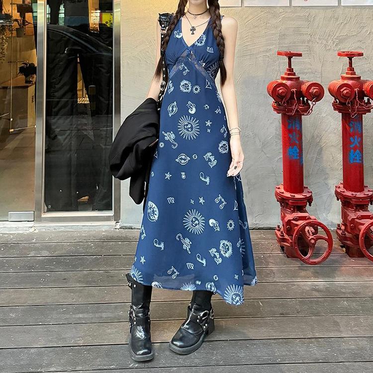 Vintage V-neck Vest Dress Women's Summer New Waist and Thin Holiday Style a Word Suspender Long Dress Chic