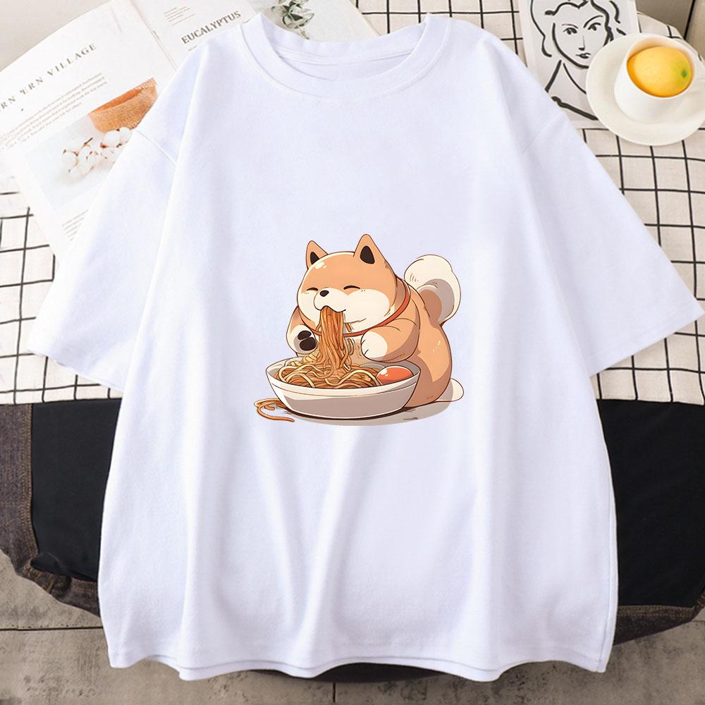 Shiba Inu Enjoying RaUnisex Graphic Tshirt Women Clothes Summer Funny Japanese Noodle Harajuku Print Shirt Kawaii Cat Fashion Tops