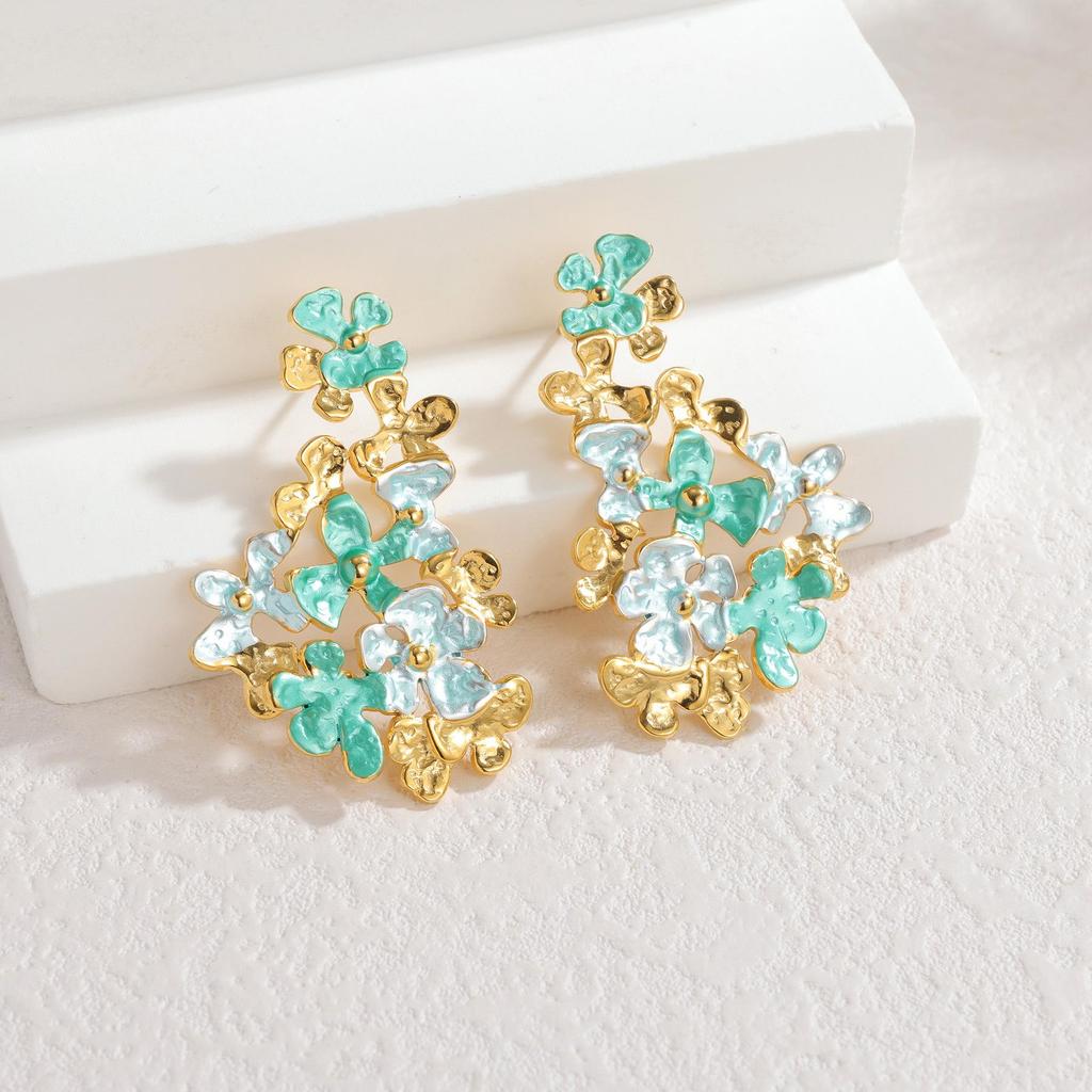 Cross-border Colorful Drip Oil Petal Stud Earrings - Eye-catching, Versatile, Stainless Steel Earrings for Women