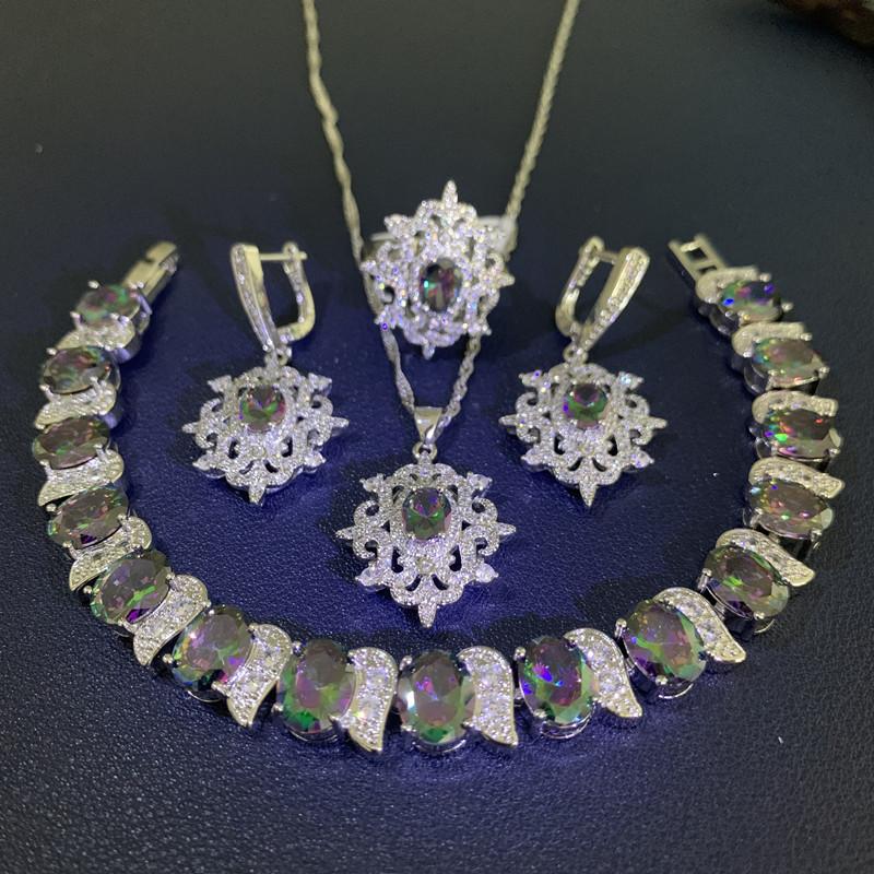 Multi Color Set with Zircon Earrings Bracelets Rings Necklaces Stylish Wedding