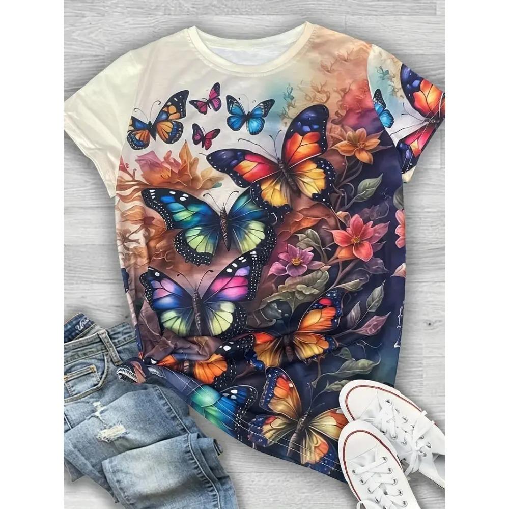 Butterfly Dragonfly Pattern 3D Print T-Shirts Women's Short Sleeves T Shirt Streetwear Y2k Harajuku Tees Tops Female Clothing