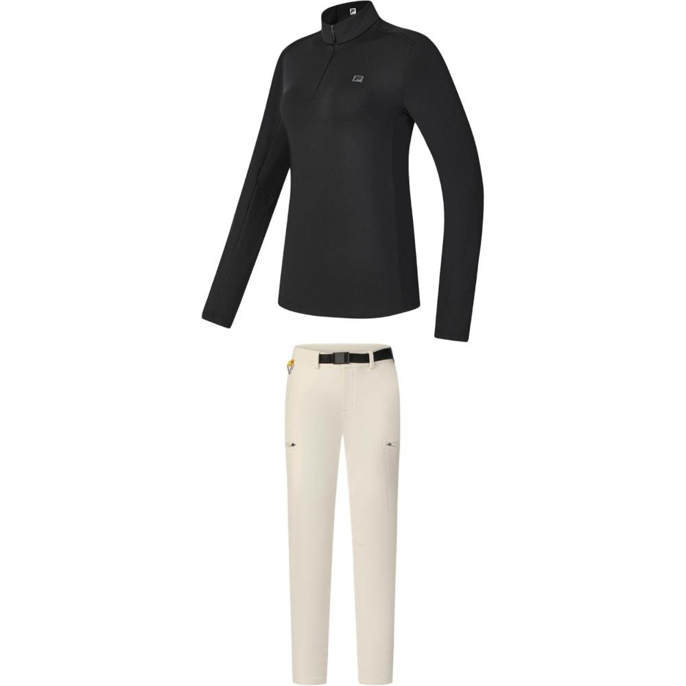 

Fila Explorer Sports Удобная флисовая футболка с длинным рукавом на молнии до половины, тканые простые повседневные брюки прямого кроя, комплект A11W447202F-BK+A11W447802F-BG S