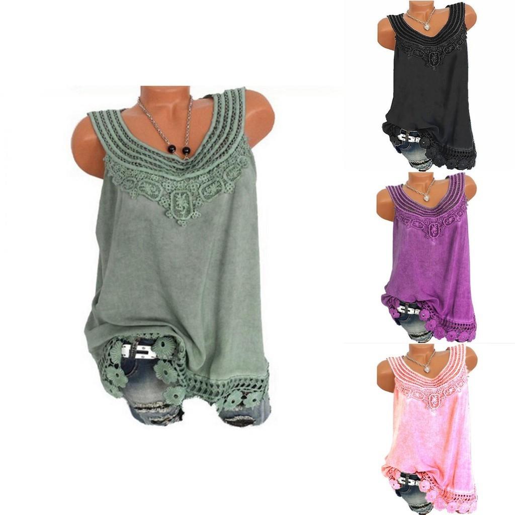 Women's Loose Sleeveless Vest T-shirt Blouse With Elegant Boho Lace Design In Plus Sizes