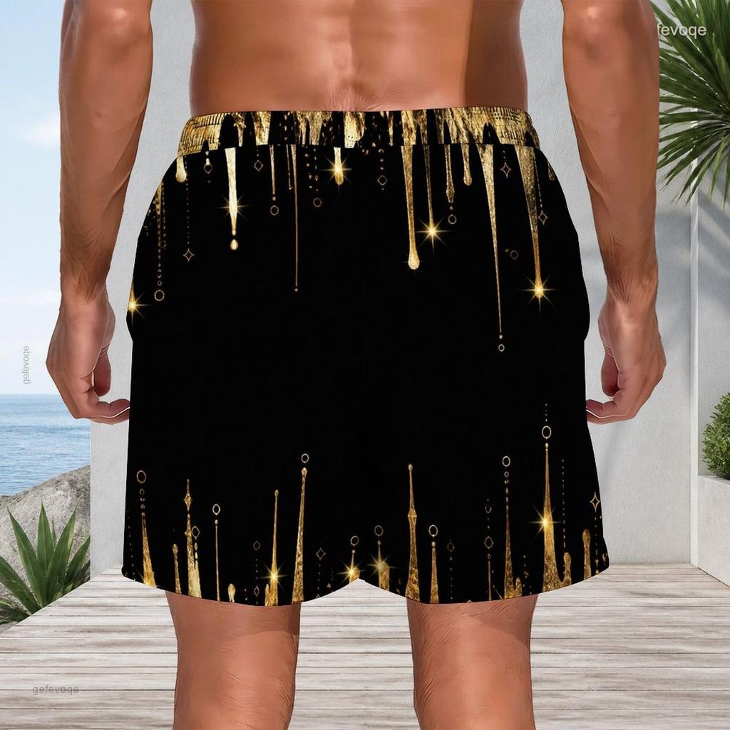 Mens Black Gold Glitter Drip Print Quick Dry Beach Shorts Plus Size Drawstring Loose Swim Trunks For Summer Surfing Swimming Vacation