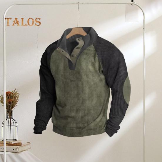 Spring Autumn Men Sweatshirt Colorblock Patchwork Retro Style Half-open Stand-up Collar Top Plus Size Loose Long Sleeves Top Daily Life Office