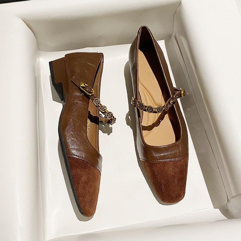 

Retro one-word buckle with Mary Jane s new black suede soft leather high heels women s shallow commuter shoes 40 темно-коричневого