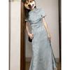 Women's Sweet Blue Modified Qipao Dress, Chinese Style Waist-Slimming Satin Jacquard Midi Dress For Elegant Occasions