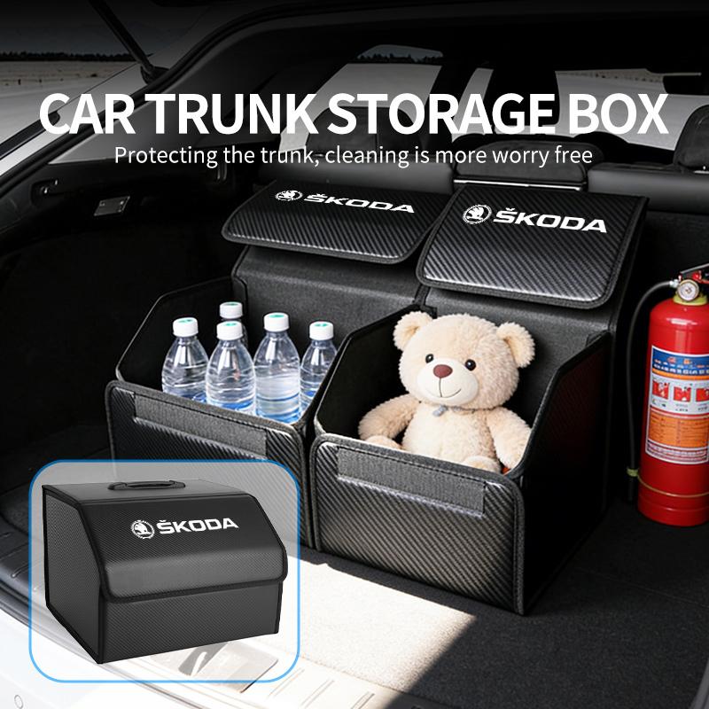 AAAAT1 For Skoda Leather Car Trunk Storage Box Multifunctional Tool Organizer Bag VRS Octavia 1 2 3 Rapid Kodiaq Karoq Fabia Kamiq