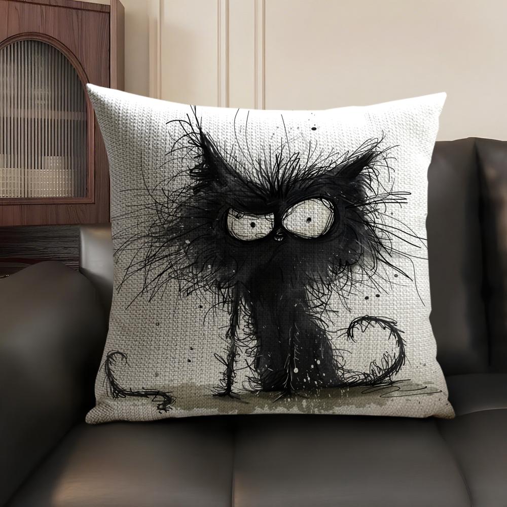 Whimsical Cat Art Cushion Cover Natural Linen Organic Fabric DoubleSided Printing Sofa Home Decor Gift Pillow Case