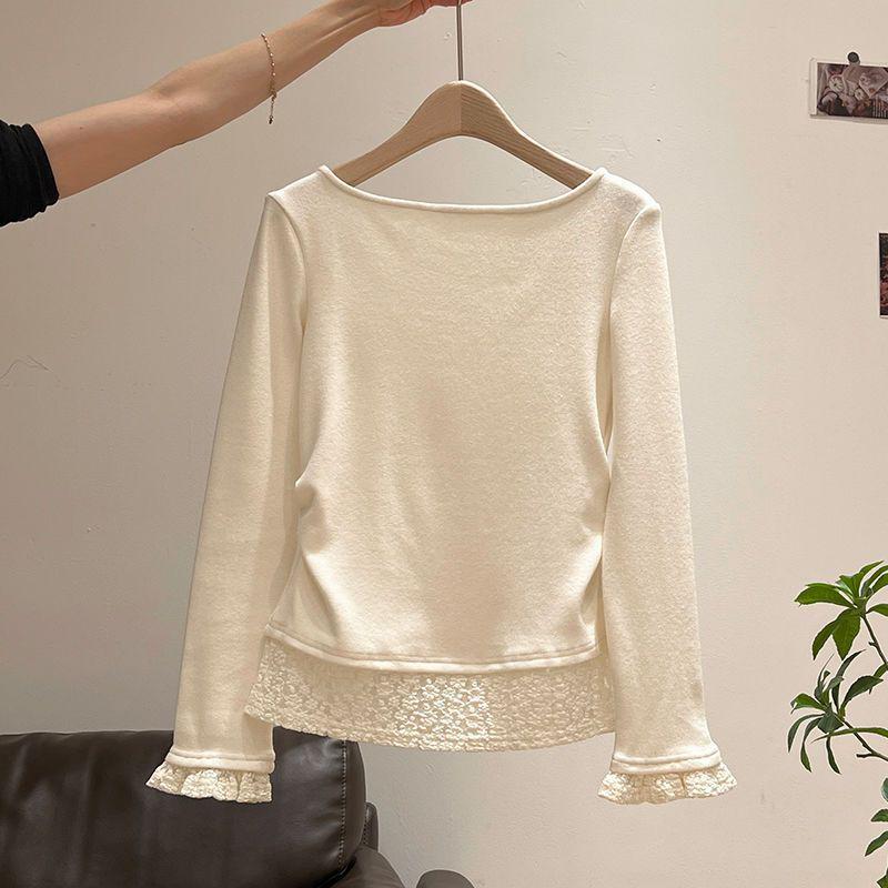 Sweet Apricot Ruched Waist Ruffle Long Sleeve Knit Top