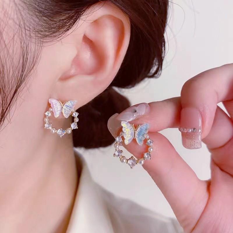 Butterfly & Pearl Stud Earrings: S925 Sterling Silver Needle, Round, Tea-Toned, Elegant Women s Accessories