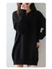 Women's Mid-Length Knitted Cotton Sweater Dress - Solid Color, Round Neck, Thick, Hip-Wrapping, Loose Fit
