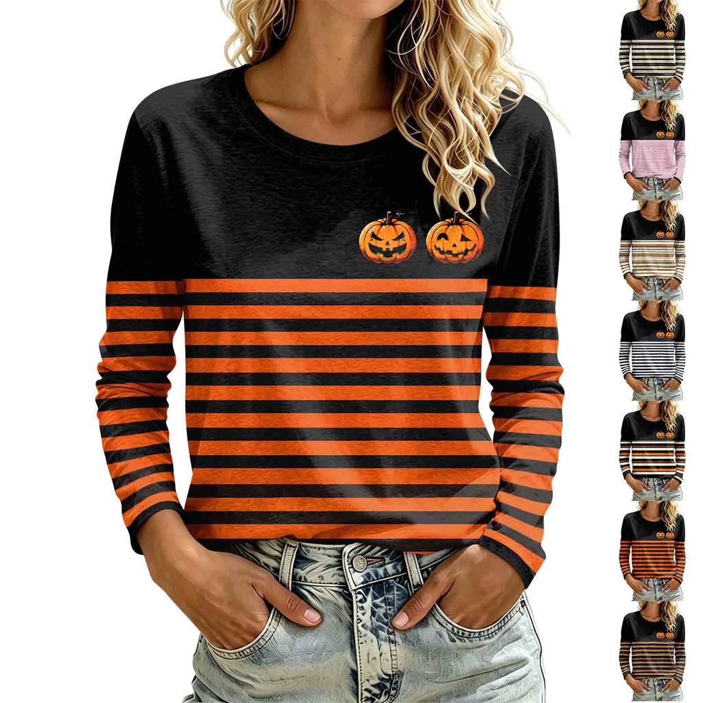 Women's Casual Long Sleeve Halloween Print Neck T-Shirt