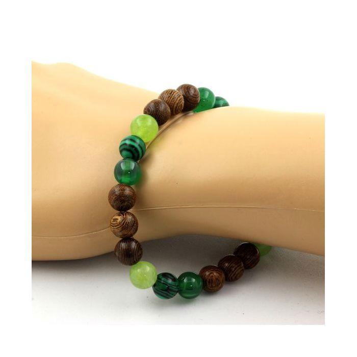 Pierres et Minéraux. Bracelet Perles Péridot + Malachite + Agate verte + bois 8 mm. Fabriqué en France.