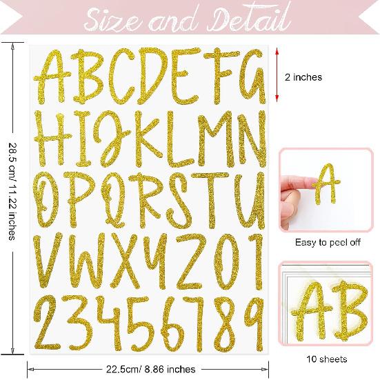 360 Pieces 10 Sheets Glitter Alphabet Letter Stickers,Self Adhesive Gold Letters,2 Inch