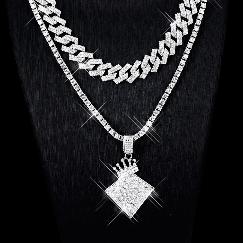 Hip Hop Full Diamond Fashion Necklace Set: Cuban Chain & Tennis Chain