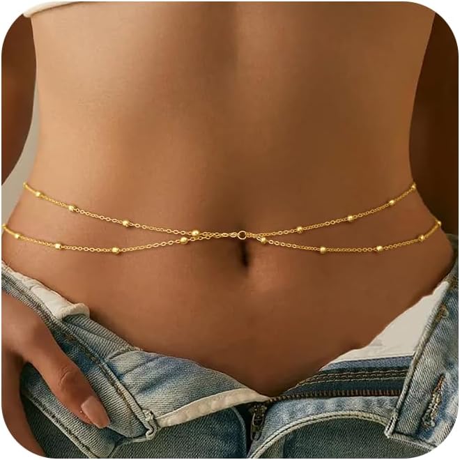 

Waist Chain for Women Waterproof, 14K Gold Plated STAINLESS STEEL Layered Belly Chain Sexy Bikini Satellite Beads Body Zircon
