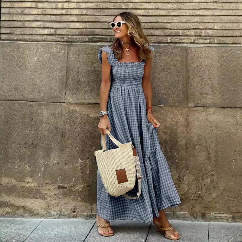 Summer women's clothing collage plaid suspender elastic pendulum dress