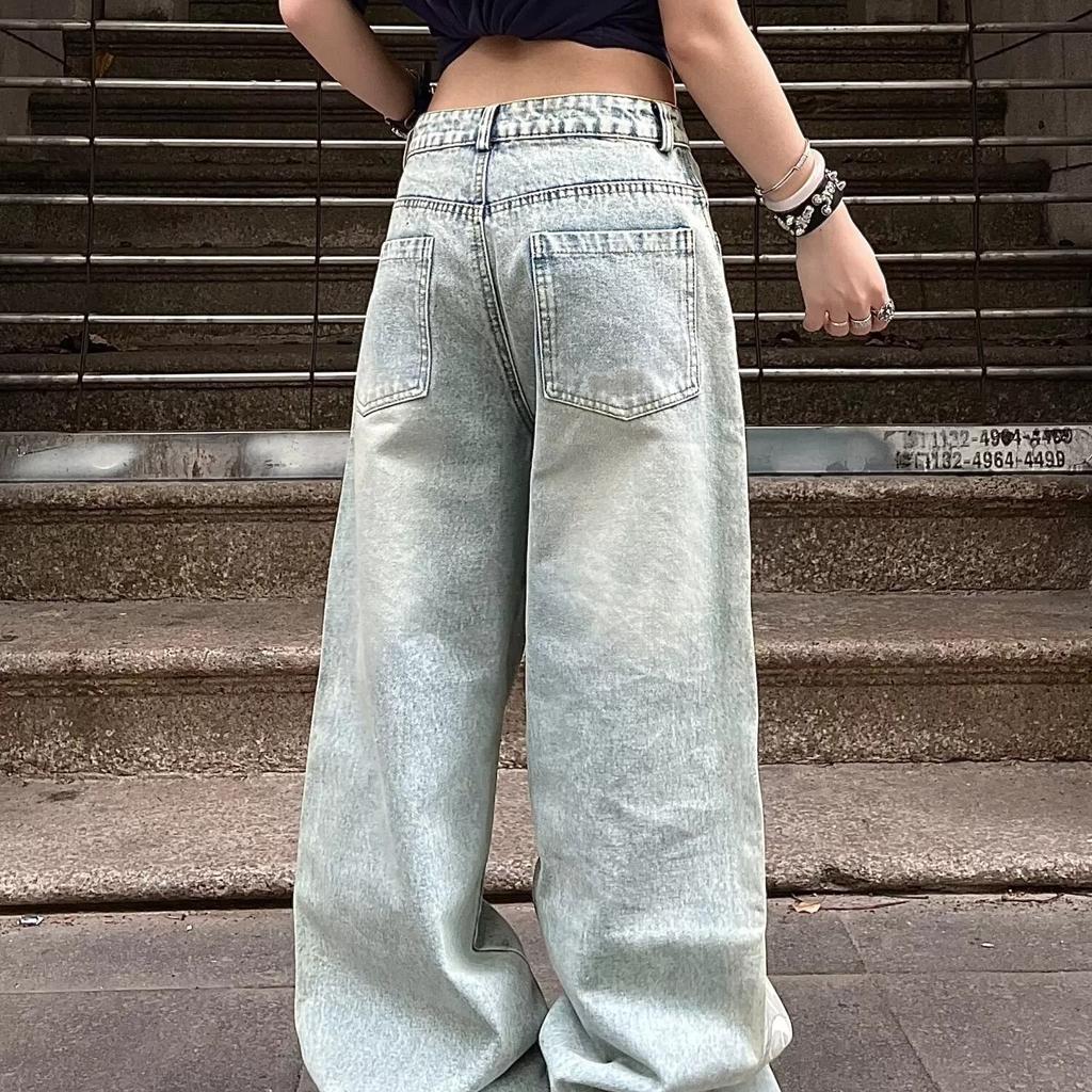 American retro washed alphabet printed jeans men's and women's cleanfit street loose versatile casual pants blue